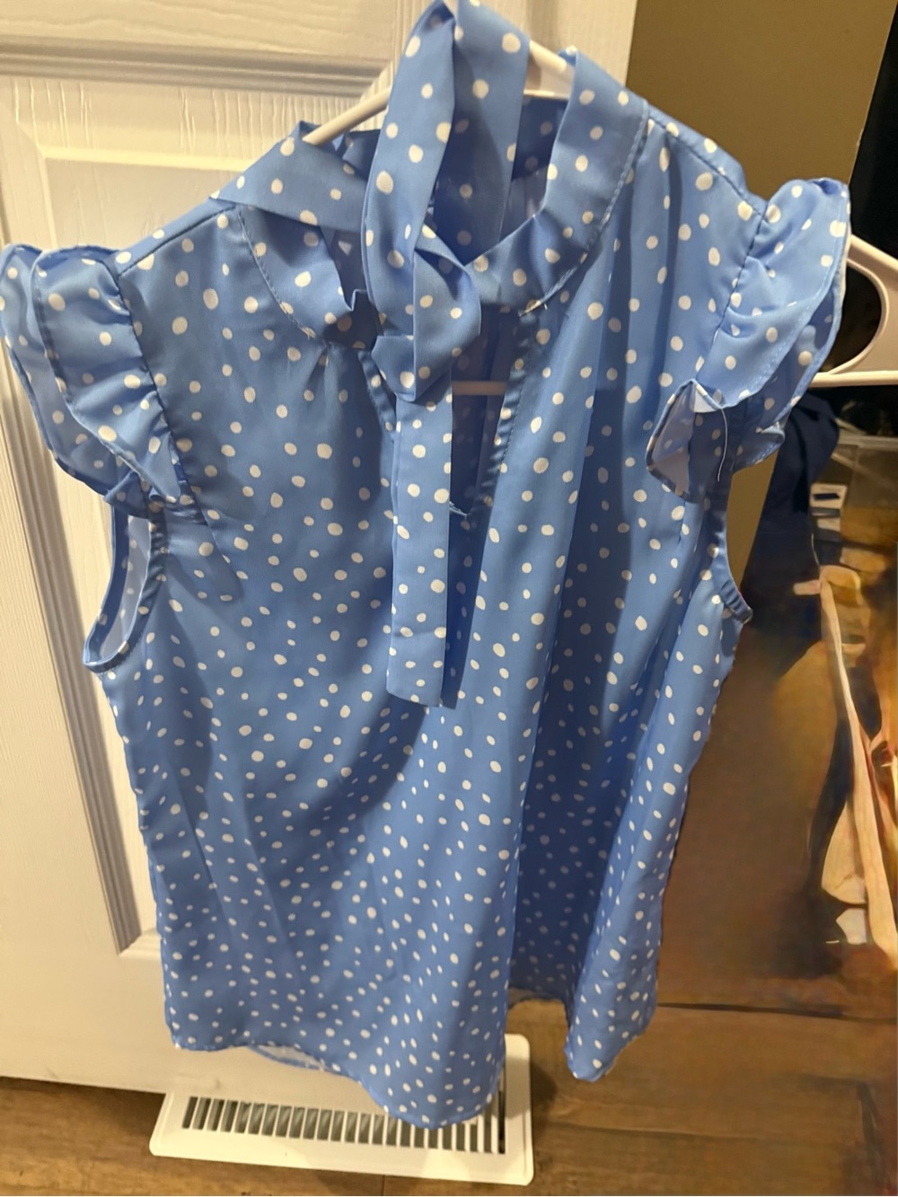 Blue Polka Dot Tie-Neck Sleeveless Blouse